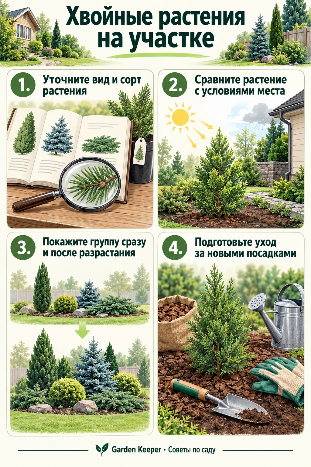 Памятка: Уточните вид и сорт растения. Сравните растение с условиями места. Покажите группу сразу и после разрастания. Подготовьте уход за новыми посадками.