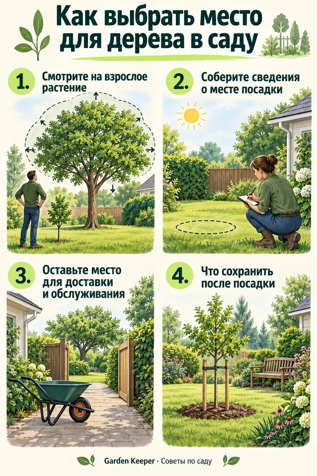 Памятка: Смотрите на взрослое растение. Соберите сведения о месте посадки. Оставьте место для доставки и обслуживания. Что сохранить после посадки.