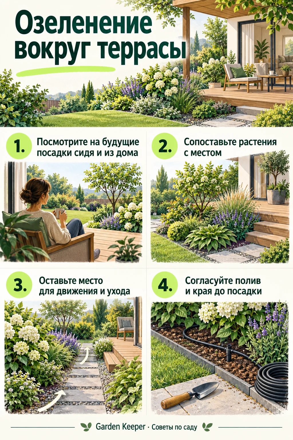 Памятка: Посмотрите на будущие посадки сидя и из дома. Сопоставьте растения с местом. Оставьте место для движения и ухода. Согласуйте полив и края до посадки.