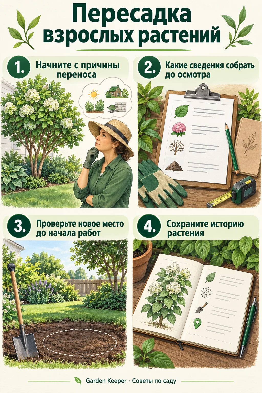 Памятка: Начните с причины переноса. Какие сведения собрать до осмотра. Проверьте новое место до начала работ. Сохраните историю растения.