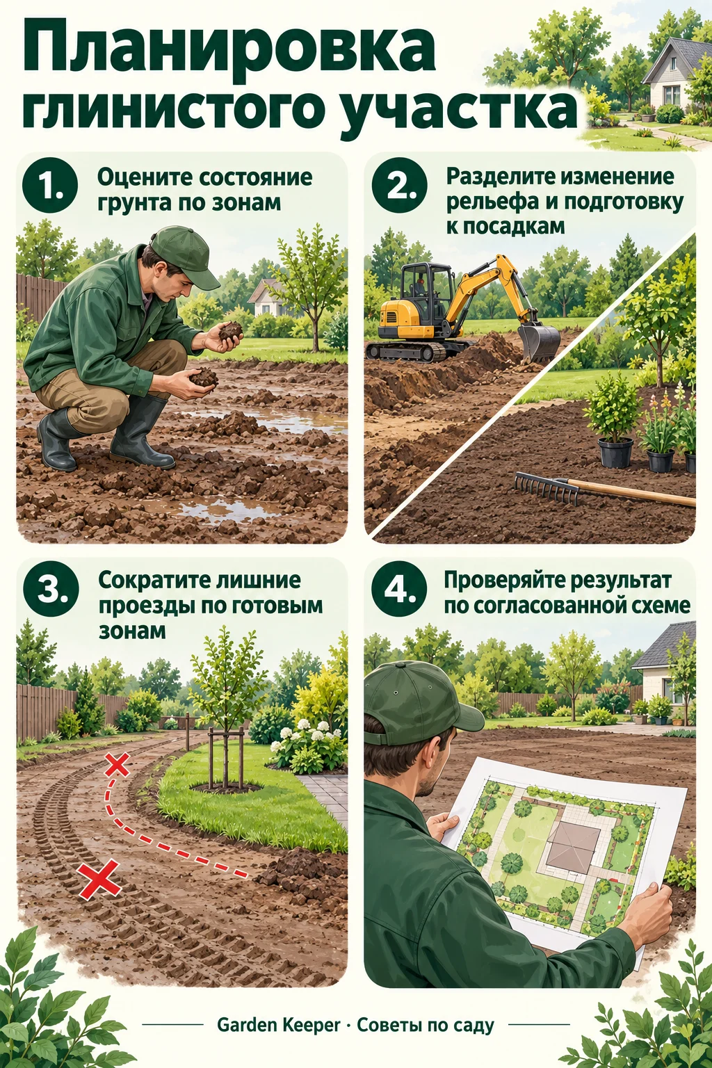 Памятка: Оцените состояние грунта по зонам. Разделите изменение рельефа и подготовку к посадкам. Сократите лишние проезды по готовым зонам. Проверяйте результат по согласованной схеме.