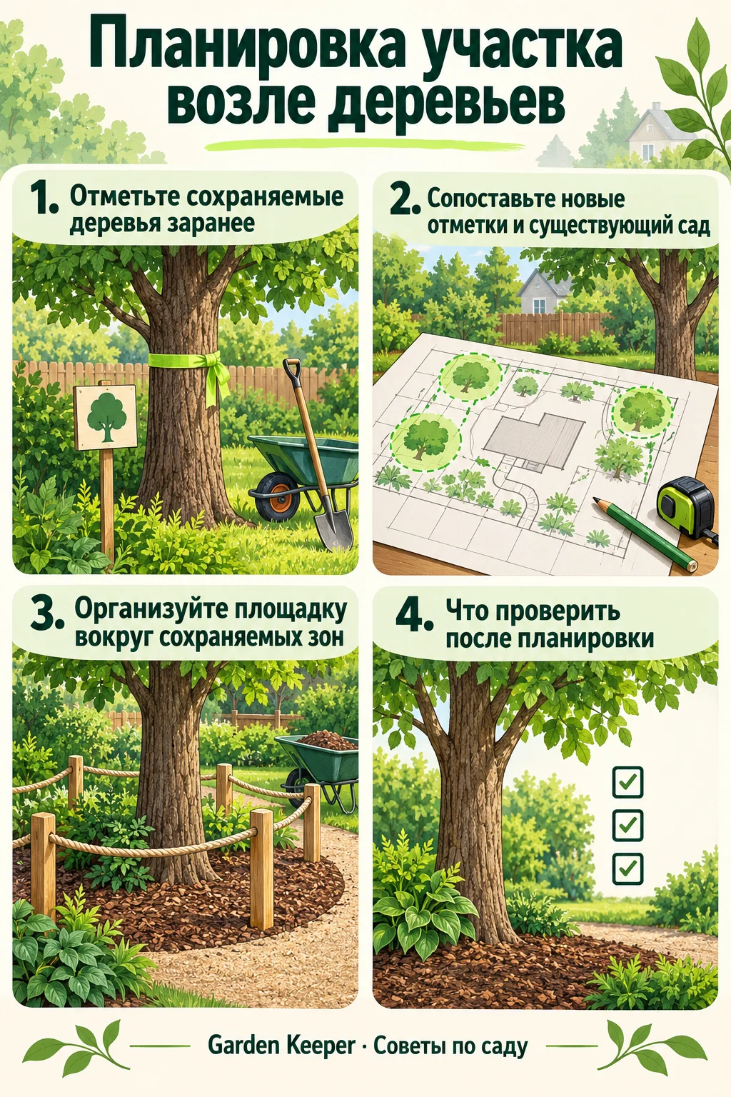 Памятка: Отметьте сохраняемые деревья заранее. Сопоставьте новые отметки и существующий сад. Организуйте площадку вокруг сохраняемых зон. Что проверить после планировки.