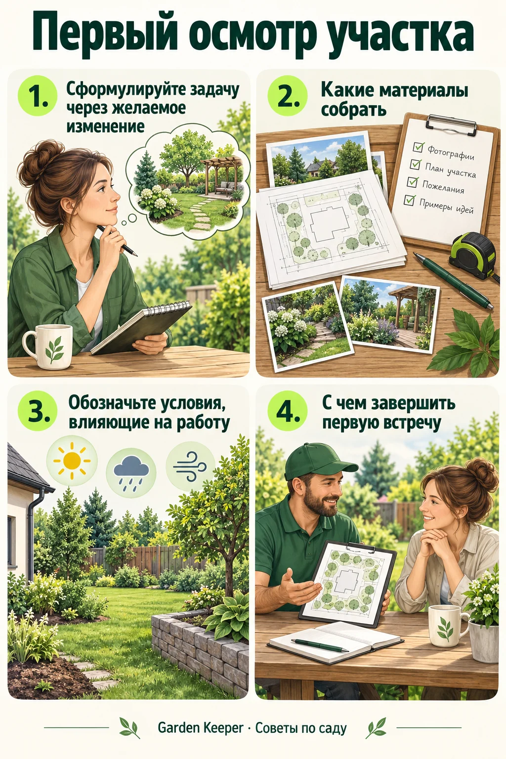 Памятка: Сформулируйте задачу через желаемое изменение. Какие материалы собрать. Обозначьте условия, влияющие на работу. С чем завершить первую встречу.