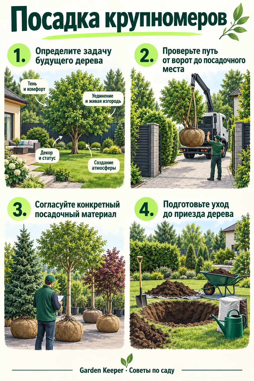 Памятка: Определите задачу будущего дерева. Проверьте путь от ворот до посадочного места. Согласуйте конкретный посадочный материал. Подготовьте уход до приезда дерева.