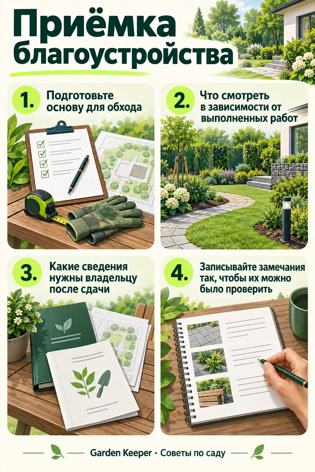 Памятка: Подготовьте основу для обхода. Что смотреть в зависимости от выполненных работ. Какие сведения нужны владельцу после сдачи. Записывайте замечания так, чтобы их можно было проверить.