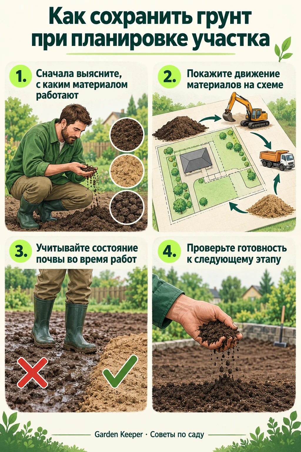 Памятка: Сначала выясните, с каким материалом работают. Покажите движение материалов на схеме. Учитывайте состояние почвы во время работ. Проверьте готовность к следующему этапу.