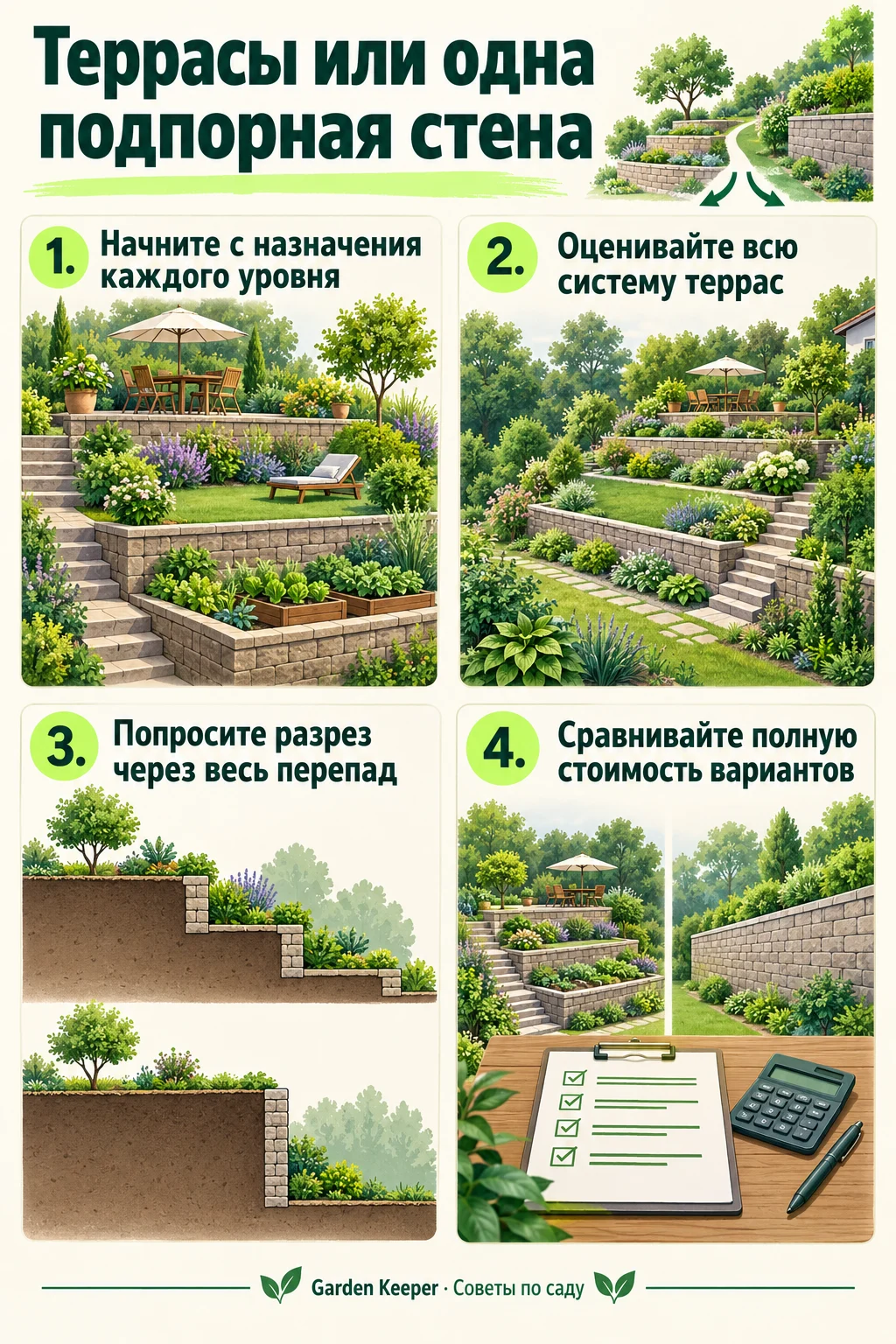 Памятка: Начните с назначения каждого уровня. Оценивайте всю систему террас. Попросите разрез через весь перепад. Сравнивайте полную стоимость вариантов.