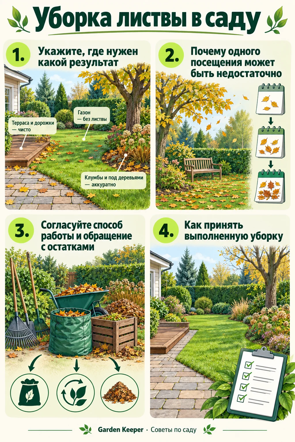 Памятка: Укажите, где нужен какой результат. Почему одного посещения может быть недостаточно. Согласуйте способ работы и обращение с остатками. Как принять выполненную уборку.