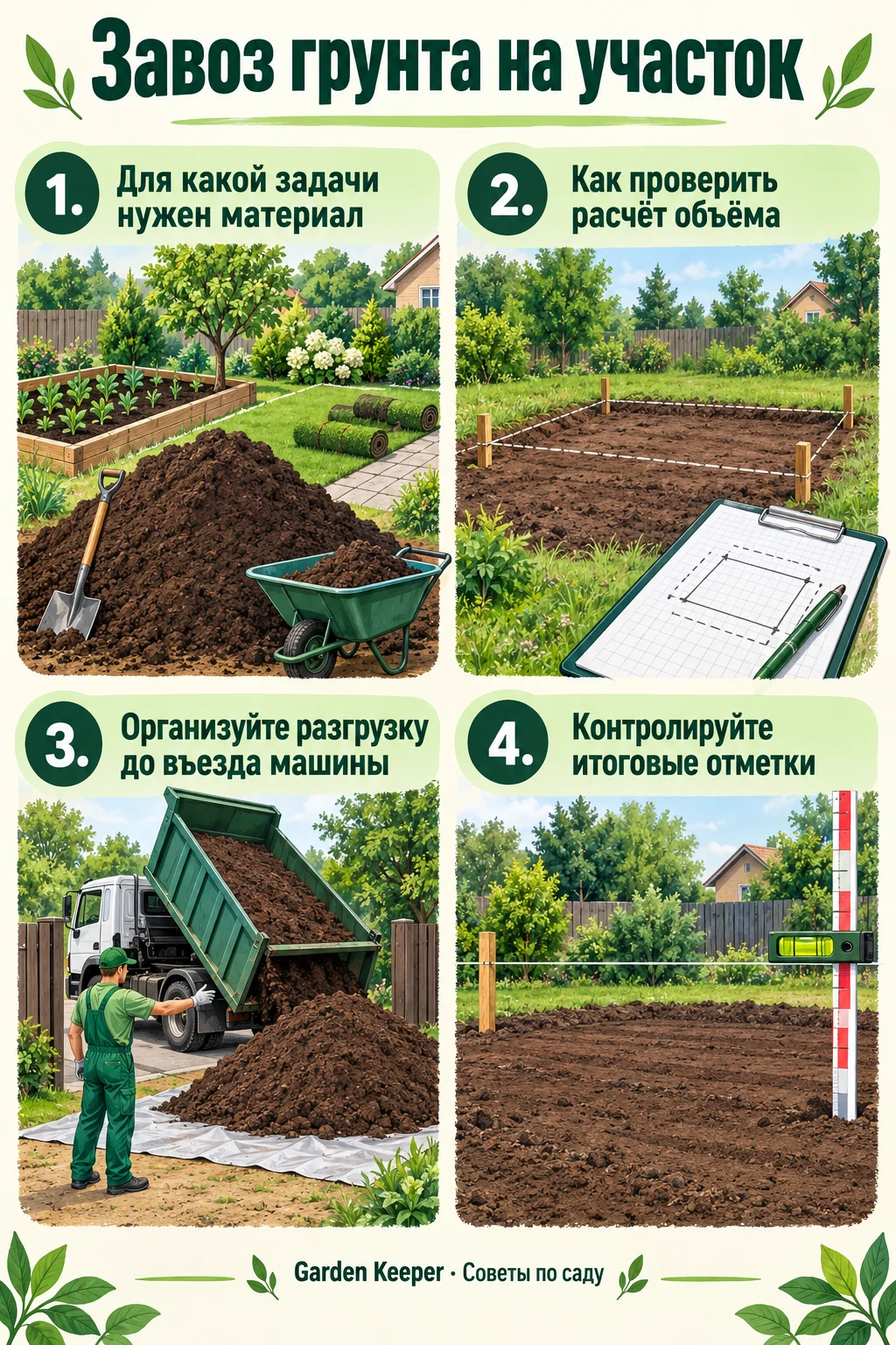 Памятка: Для какой задачи нужен материал. Как проверить расчёт объёма. Организуйте разгрузку до въезда машины. Контролируйте итоговые отметки.