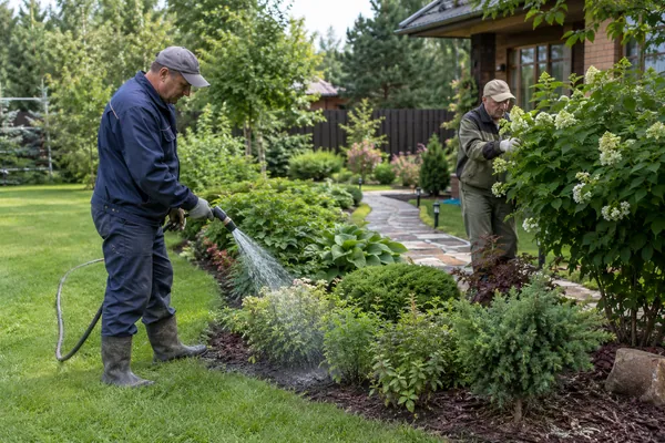 Уход за цветущим садом. Комплексный уход за садом: визуализация работы специалистов на участке.