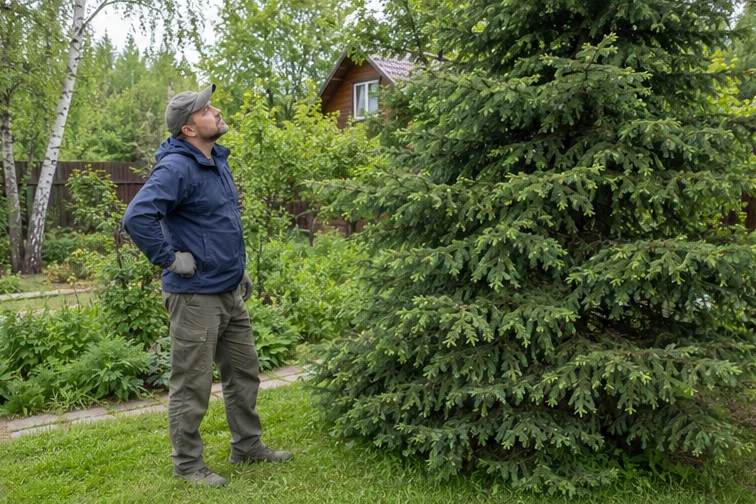 Осмотр ели. Визуальная концепция работы специалистов.