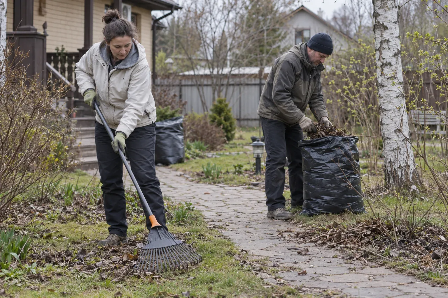 Весенняя уборка сада — работа специалистов на участке, визуальная концепция