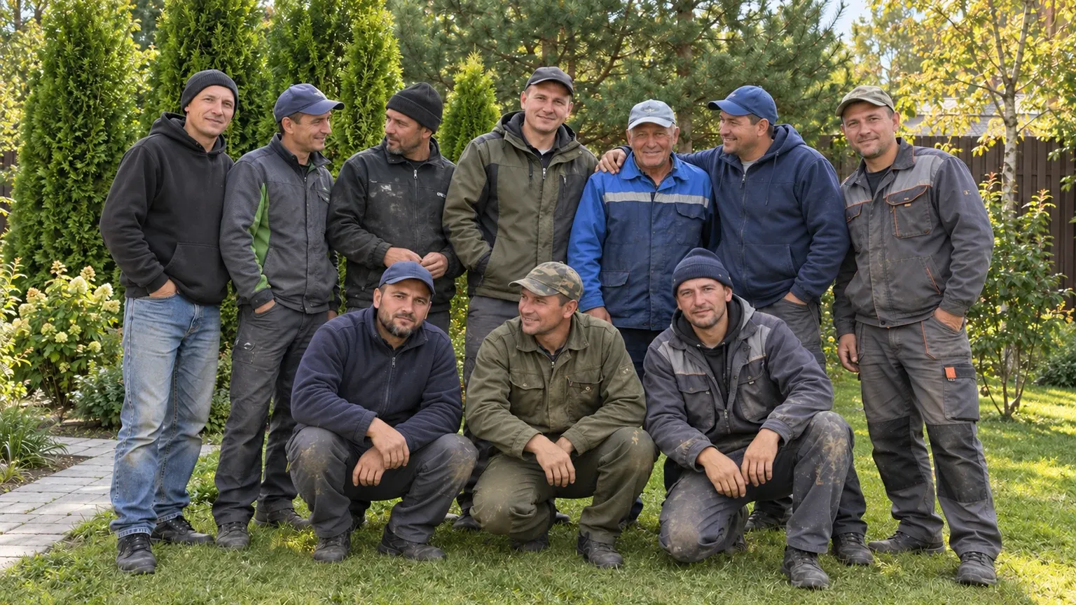 Визуализация: десять садовников в саду: часть смотрит в камеру, остальные общаются с коллегами; позы и жесты естественные.